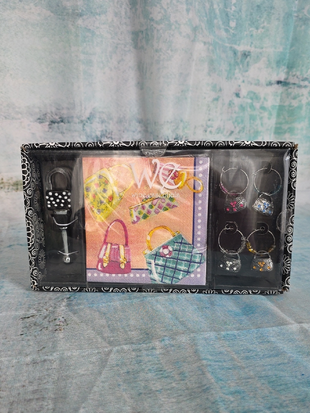 Wine Accessories Set with Pink and Multicolor Purse Designs